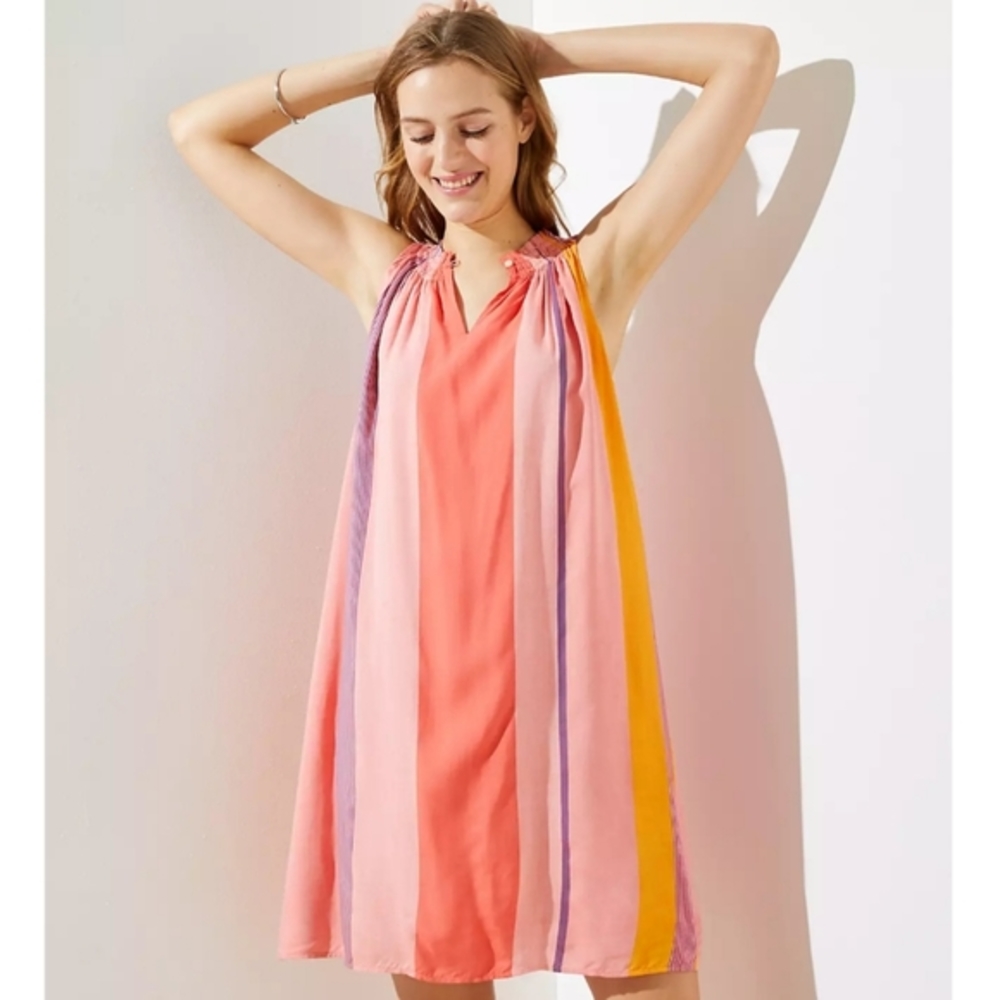 LOFT Watercolor Strip Sleeveless Halter Swing Dress Large Tall